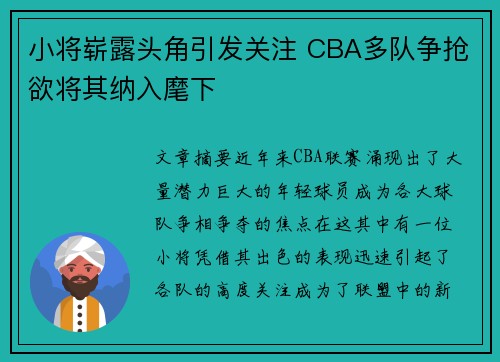 小将崭露头角引发关注 CBA多队争抢欲将其纳入麾下