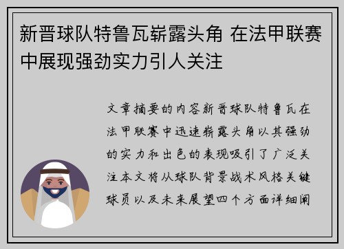 新晋球队特鲁瓦崭露头角 在法甲联赛中展现强劲实力引人关注