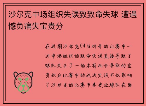沙尔克中场组织失误致致命失球 遭遇憾负痛失宝贵分