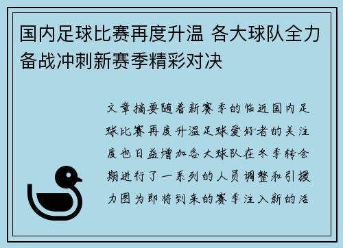 国内足球比赛再度升温 各大球队全力备战冲刺新赛季精彩对决