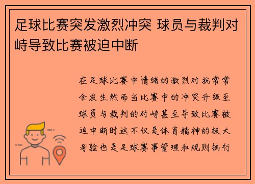 足球比赛突发激烈冲突 球员与裁判对峙导致比赛被迫中断