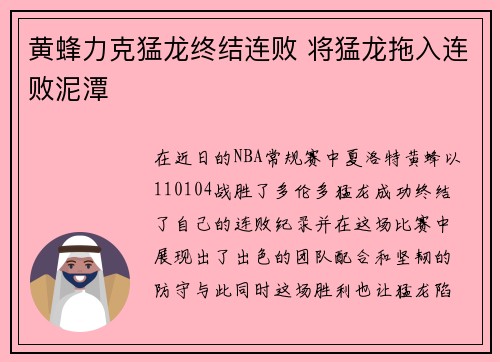 黄蜂力克猛龙终结连败 将猛龙拖入连败泥潭