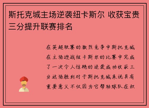 斯托克城主场逆袭纽卡斯尔 收获宝贵三分提升联赛排名