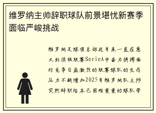 维罗纳主帅辞职球队前景堪忧新赛季面临严峻挑战