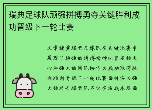瑞典足球队顽强拼搏勇夺关键胜利成功晋级下一轮比赛